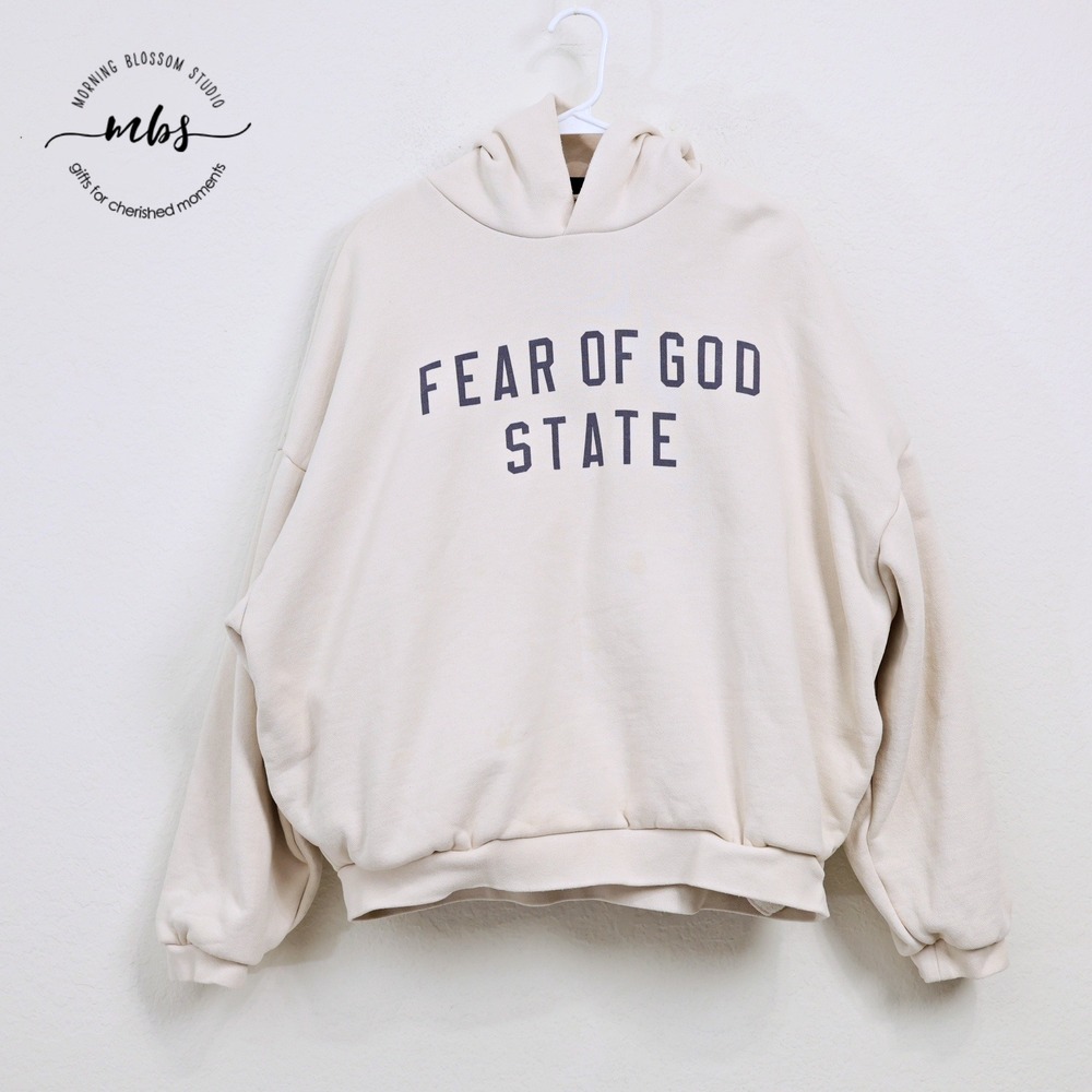 Fear of God State Oversized Logo Hoodie Fleece Sweatshirt Cream Men L
